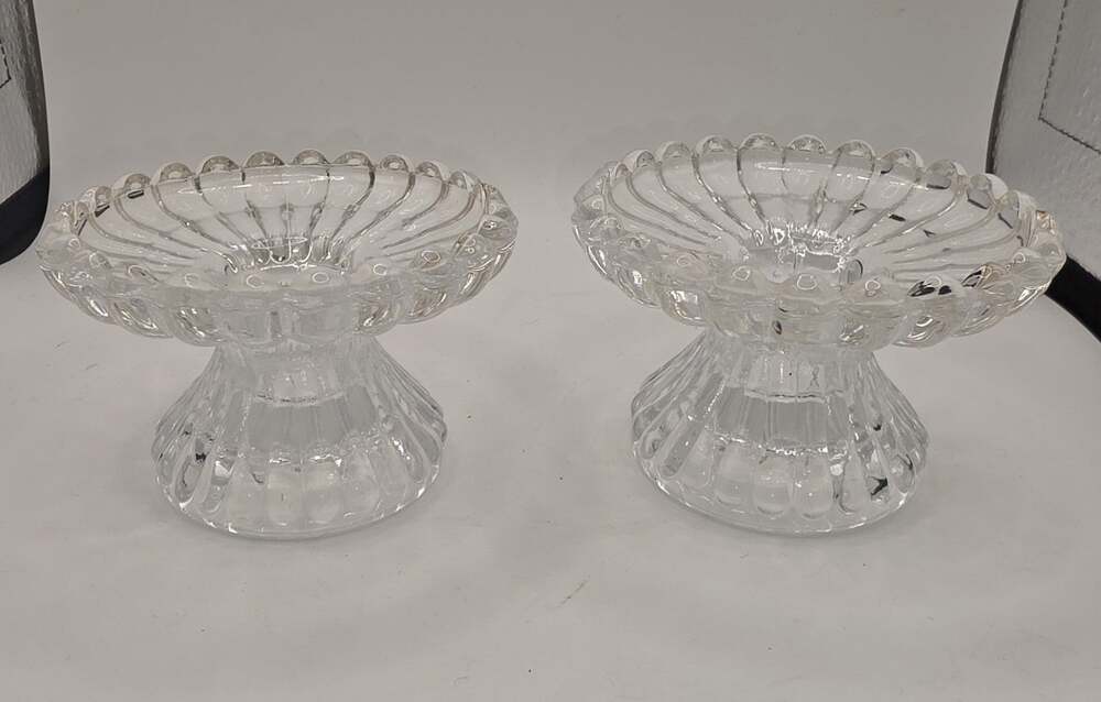Set of 2 Vintage Clear Ribbed Glass Pedestal Pillar/Taper Candle Holders 3"x4"